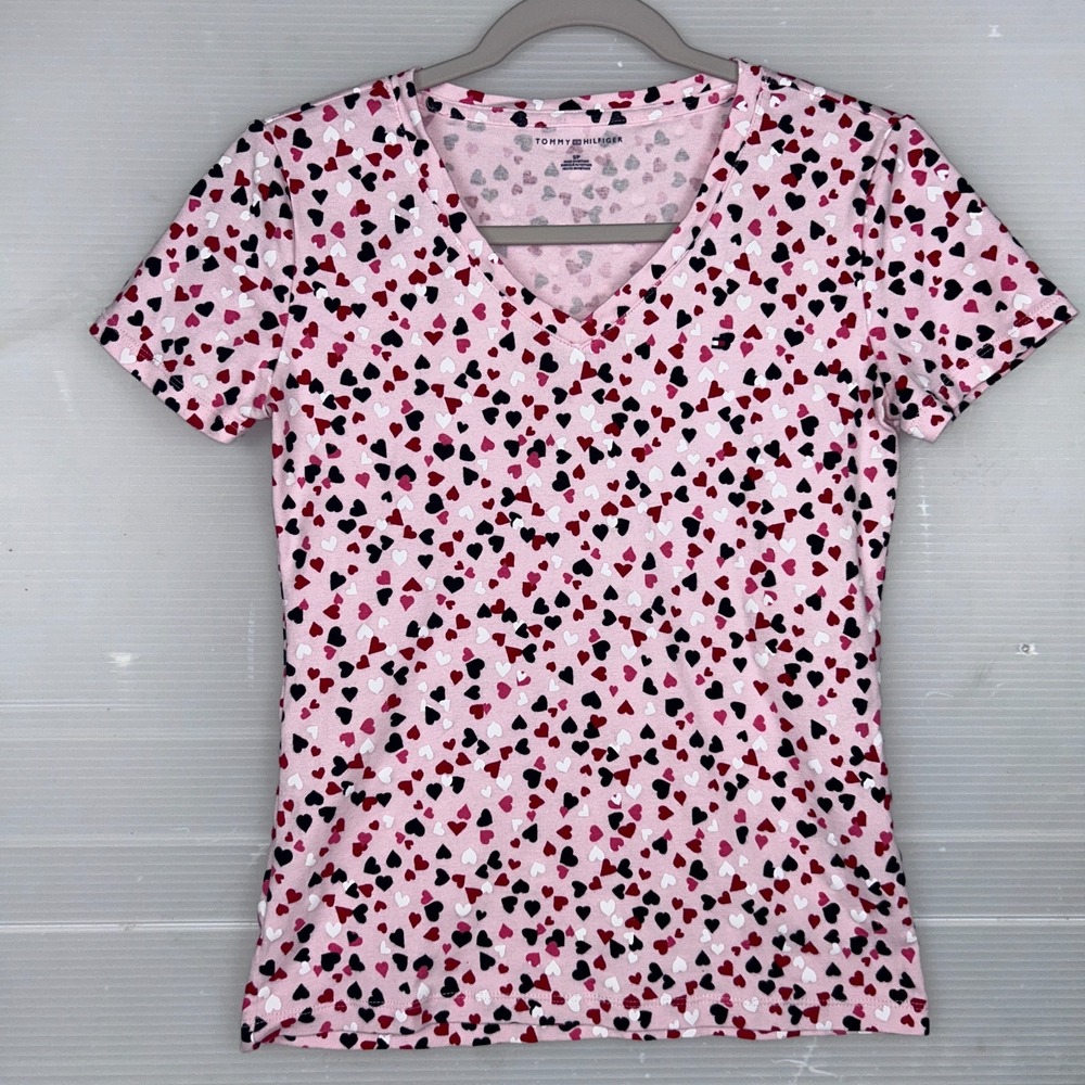 Tommy Hilfiger Heart Print V-Neck Pink Cotton T-Shirt Valentines Womens Size S/P